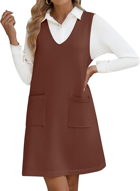 Damen Kleider V Ausschnitt ärmellos Strickkleider Leicht Knit Pullunder Kleid Freizeitkleider Loose Casual Lang Sweater Vest mit Taschen